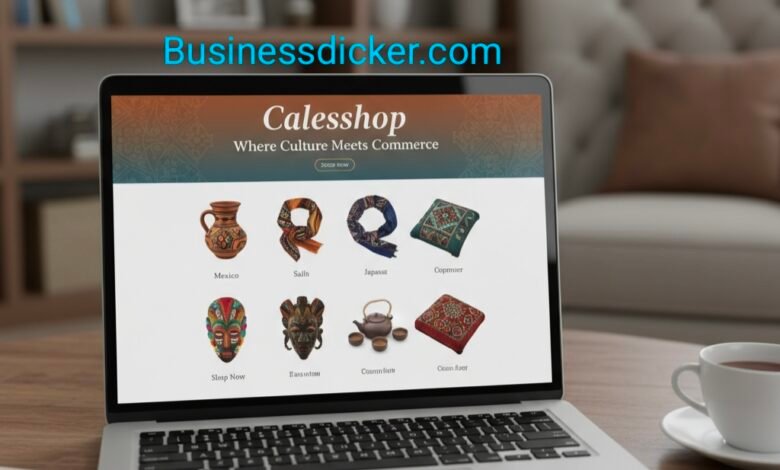 Illustration blending cultural craftsmanship and modern digital commerce, featuring diverse artisans and digital elements symbolizing innovation, trust, and global eCommerce on the Calesshop platform
