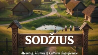Traditional Lithuanian Sodziu village landscape with wooden homesteads, open fields, and natural countryside scenery.