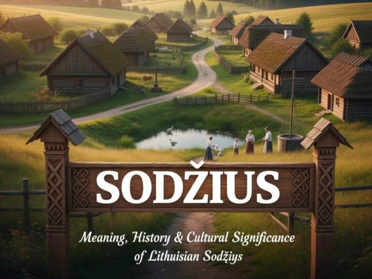 Traditional Lithuanian Sodziu village landscape with wooden homesteads, open fields, and natural countryside scenery.